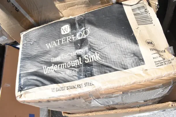 Waterloo Undermount Sink box, three compartments, 18-gauge stainless steel, visible wear on packaging. Made in Lancaster, PA.