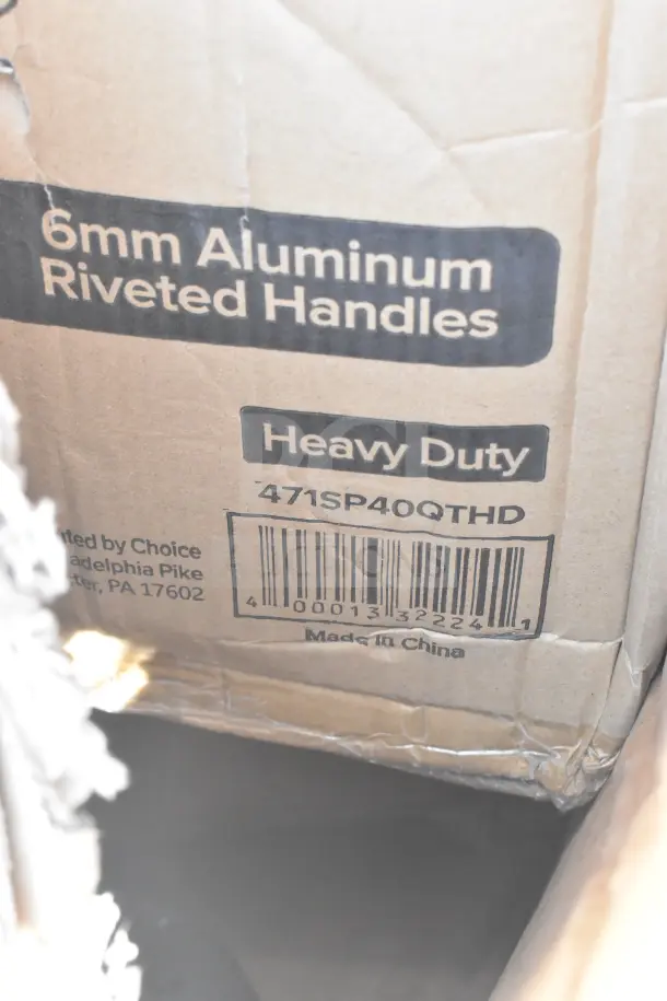 Cardboard box with "6mm Aluminum Riveted Handles," "Heavy Duty," and barcode. Address and "Made in China" text visible.