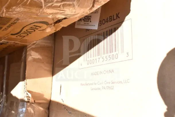 Cardboard boxes labeled "Made in China" showing barcode and manufacturer details. Packaging indicates new "scratch and dent" items.