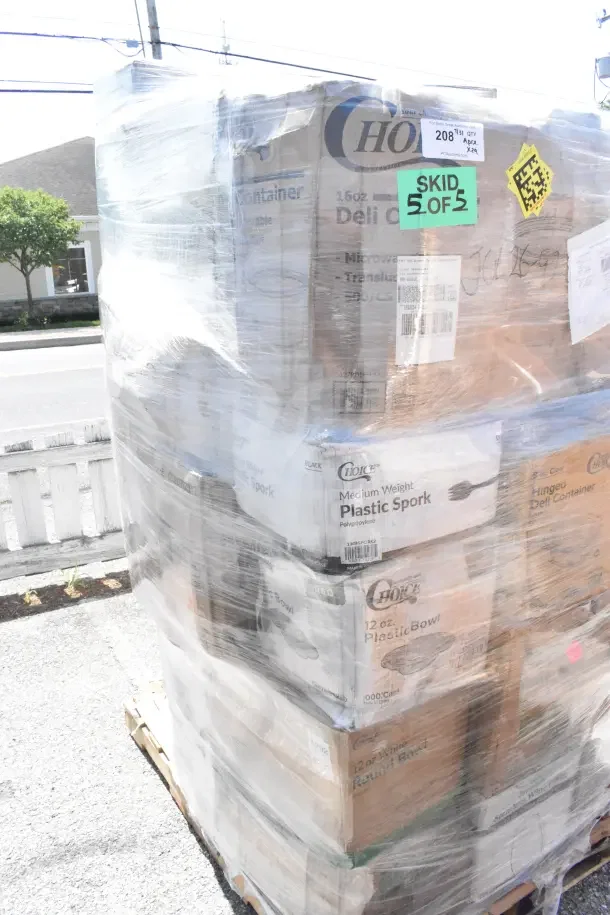 Pallet with 29 brand new scratch and dent items, including shot glasses and lids. Visible labels show box contents and brands.