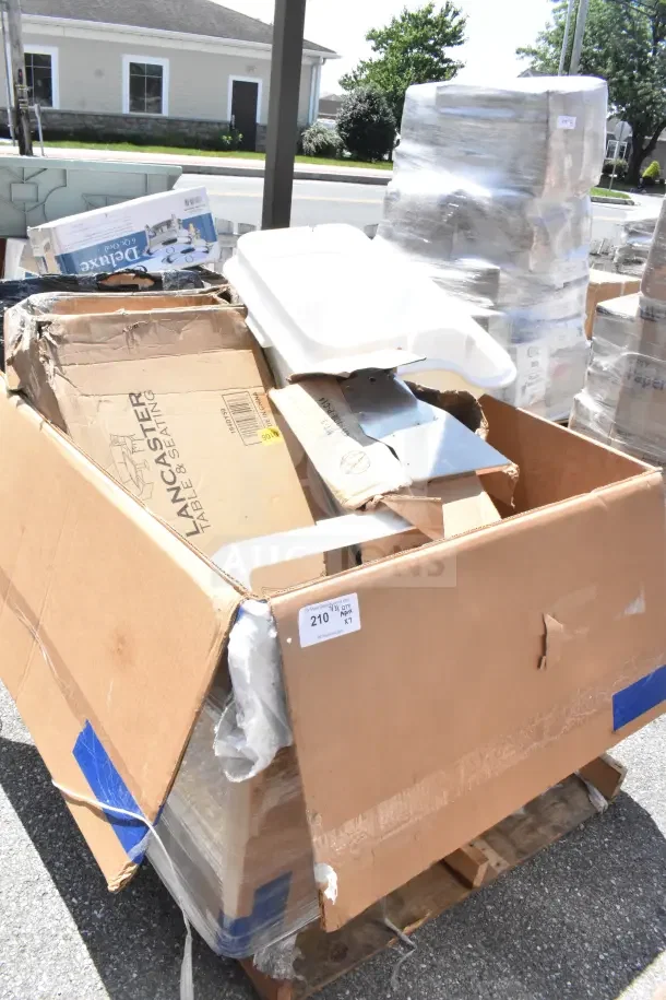 7 brand new scratch and dent items on pallet, including a chair dolly and mop bucket. Visible labels read "Lancaster Table & Seating."