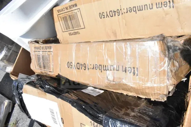 7 brand new scratch and dent items, boxes labeled item 164DV50, made in China, includes chair dolly, mop bucket.