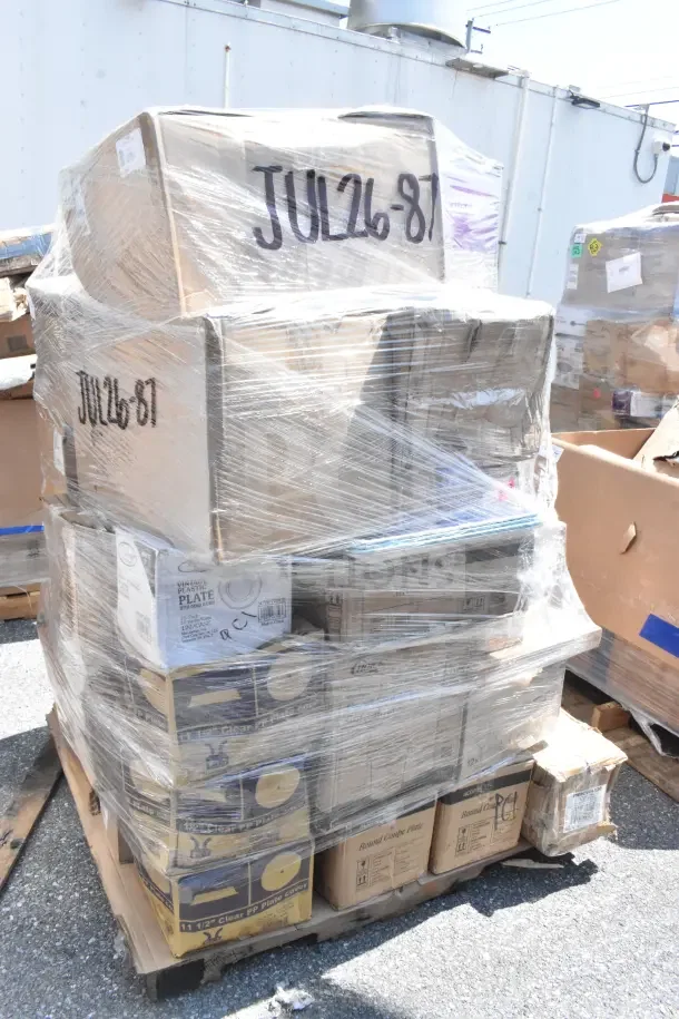 Shrink-wrapped pallet of 40 scratch and dent boxes with plates, storage containers, plastic tumblers, bowls. Marked JUL26-87.