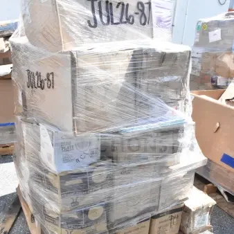Shrink-wrapped pallet of 40 scratch and dent boxes with plates, storage containers, plastic tumblers, bowls. Marked JUL26-87.