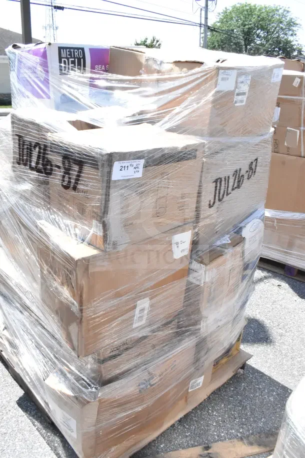 Pallet of 40 brand new scratch and dent items, including plates, storage containers, tumblers, and bowls, wrapped in plastic.