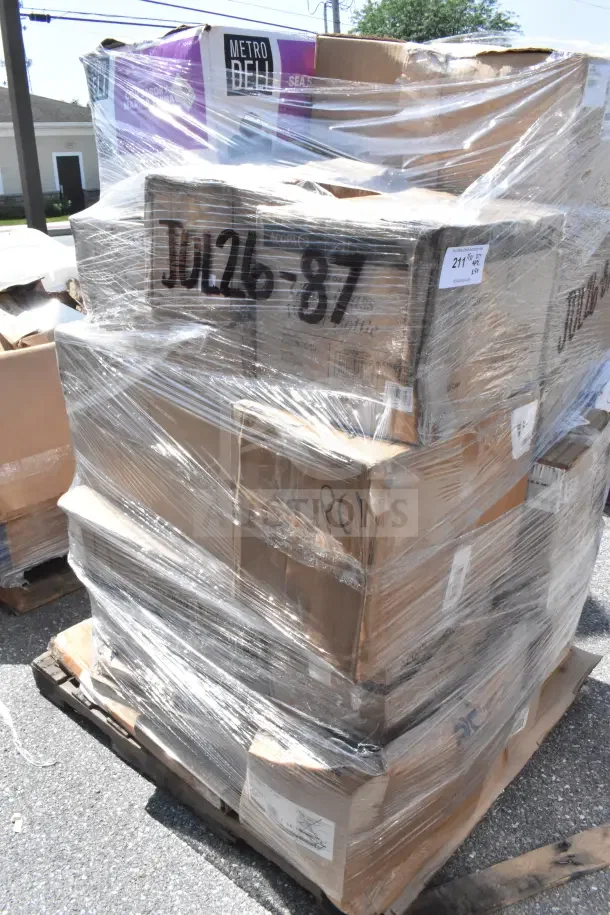 Shrink-wrapped pallet of 40 brand new scratch and dent items including plates, bowls, and tumblers. Marked JUL26-87.
