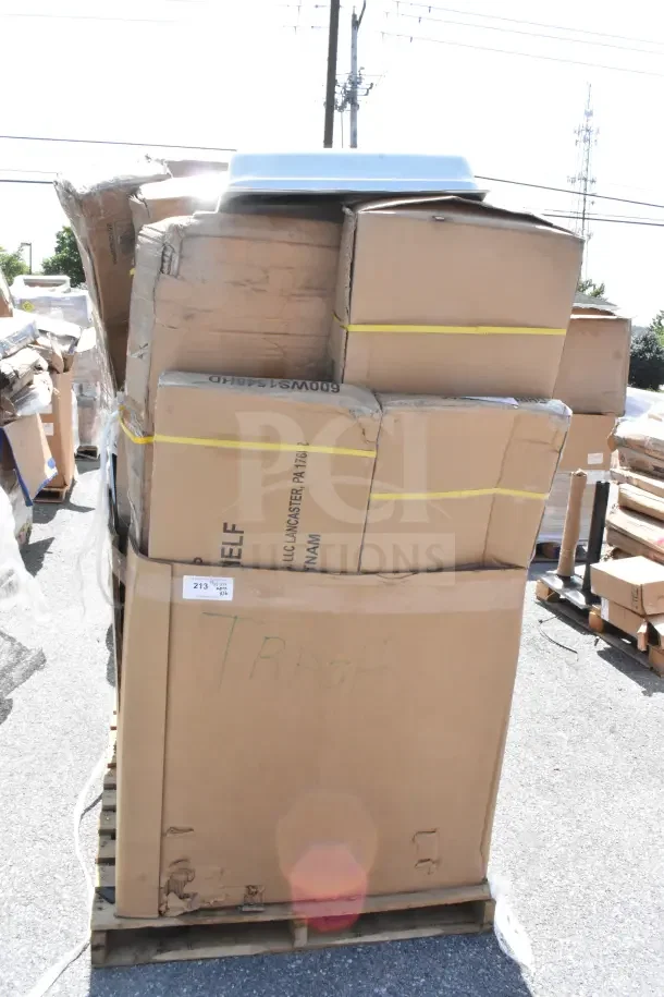 Pallet of 16 new scratch and dent items, including wall and wire shelves. Boxes show wear. “Trash” marked on a box.