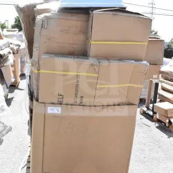 Pallet of 16 new scratch and dent items, including wall and wire shelves. Boxes show wear. “Trash” marked on a box.