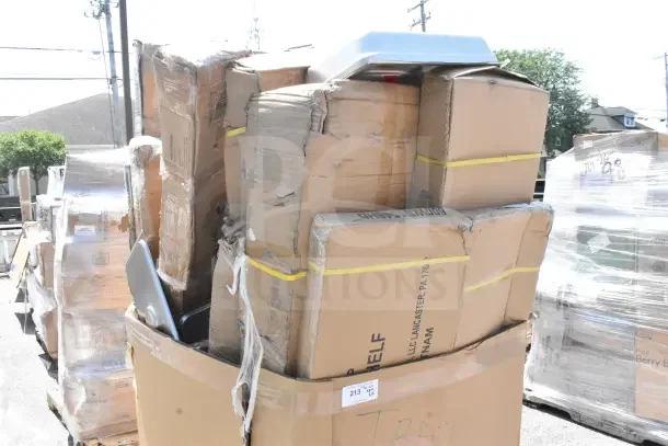 16 brand new scratch and dent items in original packaging, including wall and wire shelves, and pan racks.