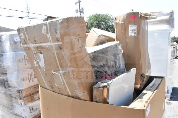 Large box containing 14 new scratch and dent items, including tabletop, sheet pan rack, and high chair, visible packaging damage.