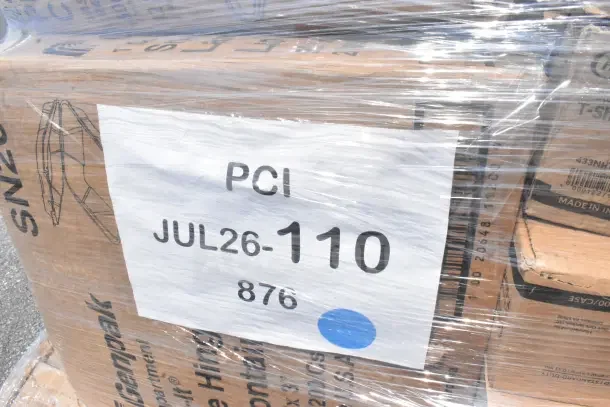 "32 new scratch and dent items including forks, lids, containers, and teaspoons. Marked PCI JUL26-110, wrapped on pallet."