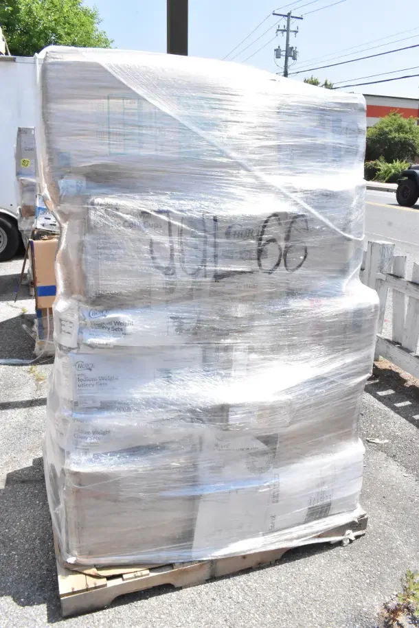 Pallet of 24 brand new scratch and dent items wrapped in plastic, including food trays, plates, foam cups. Markings read "JUL-66".