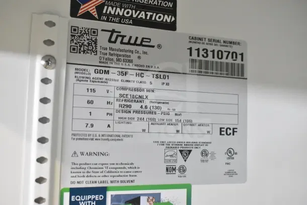 BRAND NEW 2025 True GDM-35F-HC Freezer Merchandiser label, 115V, 1 Phase, Compressor SCE18CNLX, Refrigerant R290.