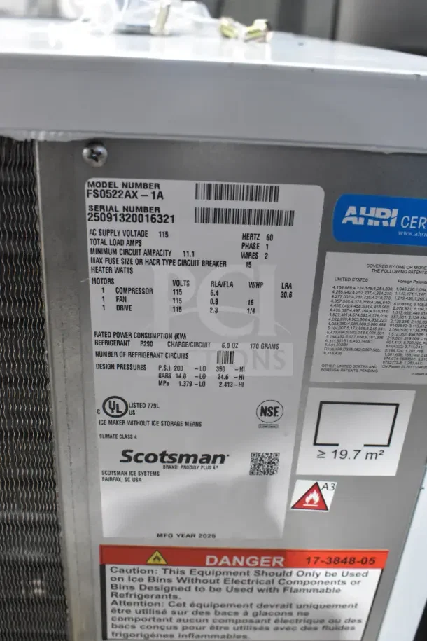BRAND NEW 2025 Scotsman FS0522AX-1A Prodigy Plus Flake Ice Machine, 450 lb capacity, 115V, 1 Phase, scratch and dent, AHRI certified.