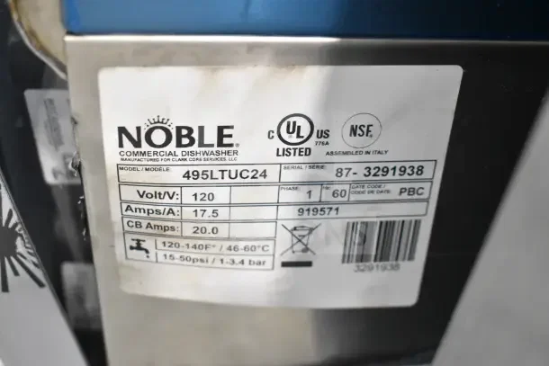 Brand new Noble 495LTUC24 low-temp undercounter dishwasher; 120V, 1-phase. Scratch and dent. UL and NSF certified.