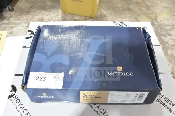 Box of Waterloo Wall-Mounted Faucet 750FW814, brand new, 8" centers, 14" swing spout, minor box wear.