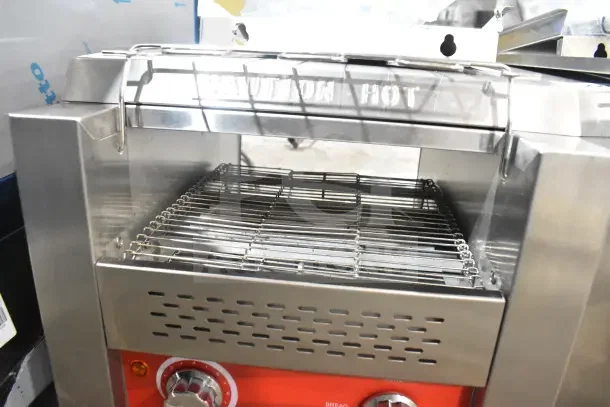 Brand new Avantco 184T140 10" conveyor toaster, 3" opening, 300 slices/hour, 120V, 1 phase. "Caution Hot" label.