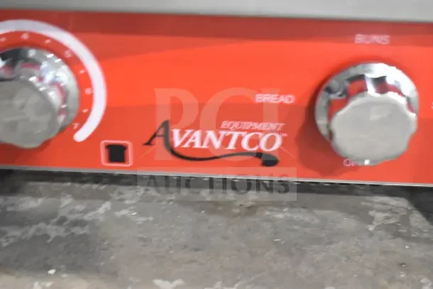 Brand new Avantco 184T140 commercial conveyor toaster, red panel, dual knobs for bread and buns, 120V, slight cosmetic flaws.