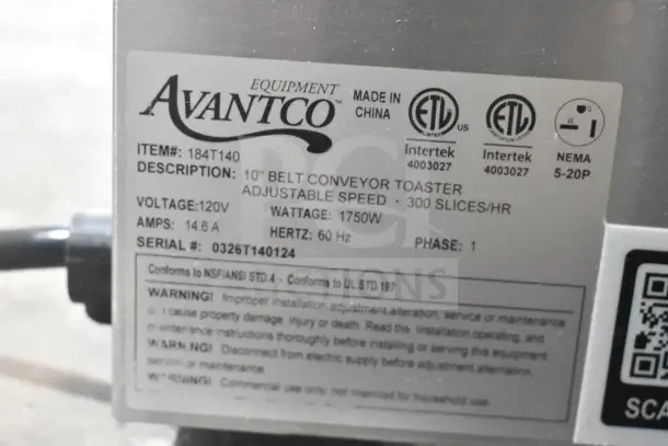Avantco 184T140 10" conveyor toaster label showing model, specs: 120V, 1750W, 300 slices/hr, ETL listed, serial# 0326T140124.