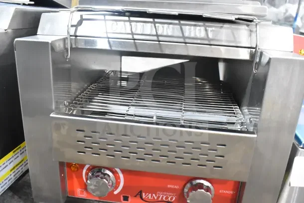 Avantco 184T140 conveyor toaster, 10" wide, 3" opening, 300 slices/hour. New, minor scratches. Caution hot label visible.