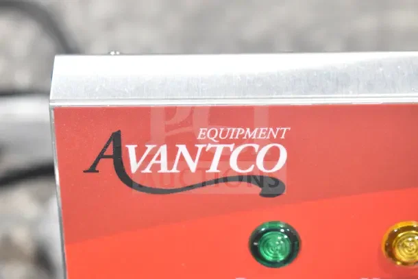 Brand new Avantco F102 electric fryer label, red background, green and yellow indicator lights visible.