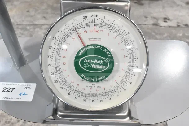 2 Yamato Accu-Weigh SM(N) Universal Dial Scales on stand, 30lb capacity, made in Japan, excellent condition.