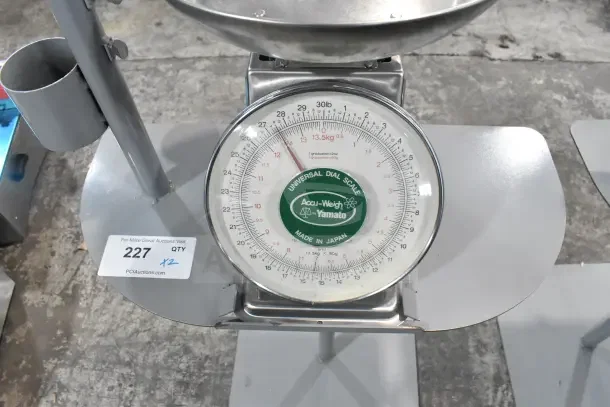 2 Yamato Accu-Weigh SM(N) Universal Dial Scales on stands, durable stainless steel, clear dial, made in Japan, lot tag 227.