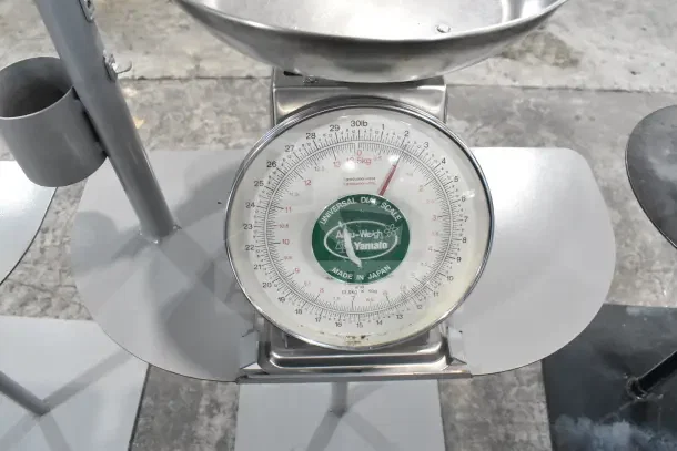 2 Yamato Accu-Weigh SM(N) Universal Dial Scales on stand, metal finish, clear dial, reads up to 30 lb, made in Japan.