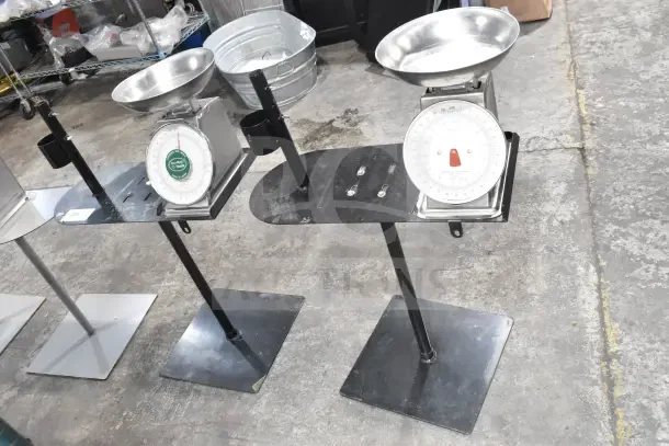 2 Yamato Accu-Weigh SM(N) dial scales on stands; features stainless steel trays and easy-to-read dials.