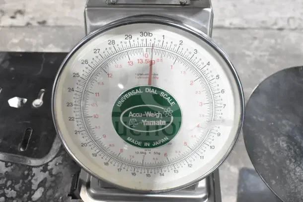 2 Yamato Accu-Weigh SM(N) dial scales on stand, universal design, durable metal body, clear marking, made in Japan.