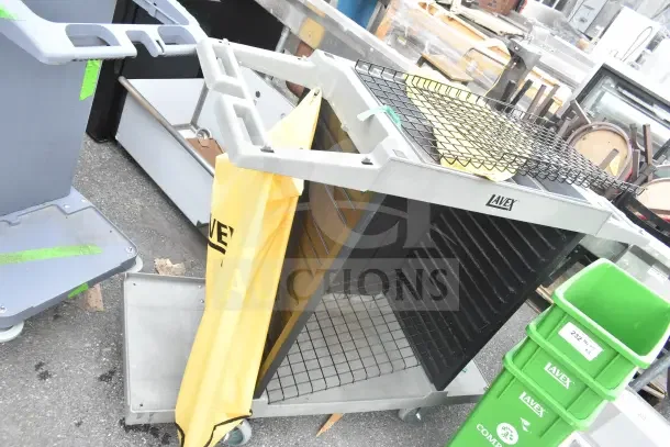 2 brand new Lavex janitorial carts with scratch and dent marks, featuring sturdy construction and wire shelves.