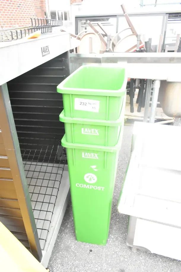 3 new Lavex 475WH23GNCMP 23-gallon lime green compost bins, slim rectangular, logos visible, marked "X-3".
