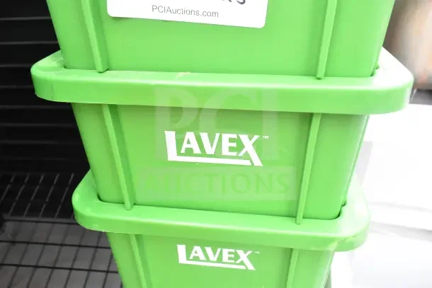 Lime green Lavex 23-gallon slim compost bin, brand new with scratch and dent. Durable rectangular design, auction lot.