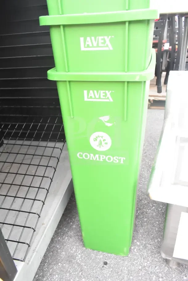 Lavex 23-gallon lime green slim rectangular compost bin, brand new with minor scratches and dents, labeled for composting.