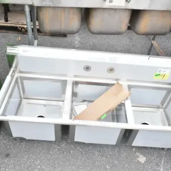 Regency 60" three-compartment commercial sink, galvanized steel legs, brand new with visible scratches, model 600S31717.
