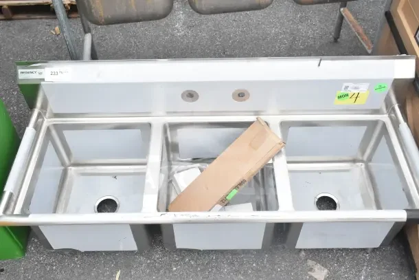 BRAND NEW Regency 600S31717 60" three compartment commercial sink with galvanized steel legs. Scratch and dent condition.