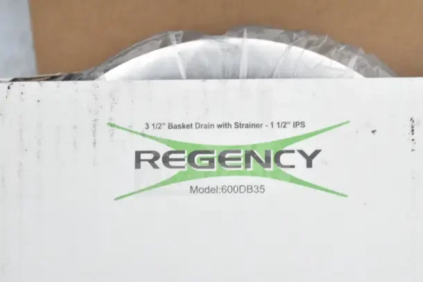 "Regency 600S31717 commercial sink box, showing '3 1/2 inch basket drain with strainer' and model 600DB35 marking."