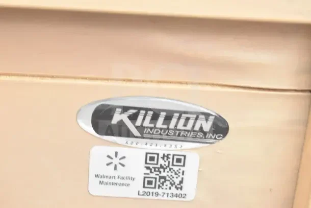 Killion Industries tag on a commercial floor style open merchandiser with Walmart Facility Maintenance label, model L2019-713402.