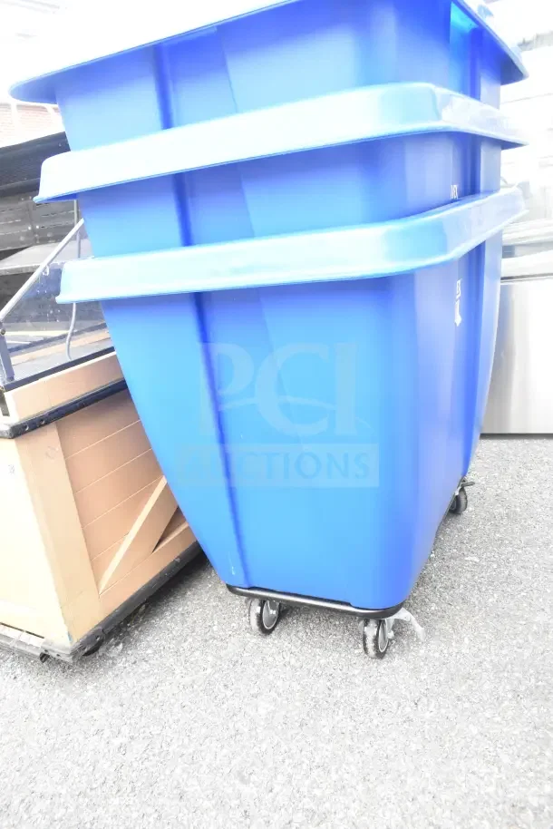 Blue Lavex Poly Tilt Truck on commercial casters, brand new with minor scratches and dents, ideal for heavy-duty use.