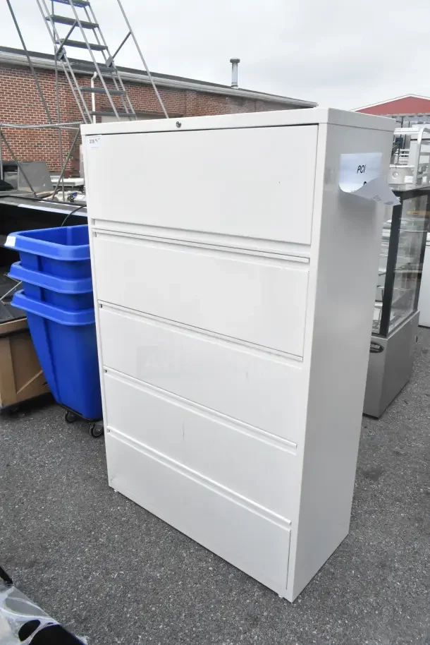 Brand new Hirsh 23707 HL10000, white five-drawer lateral file cabinet with roll-out storage, 42" x 18 5/8" x 67 5/8".