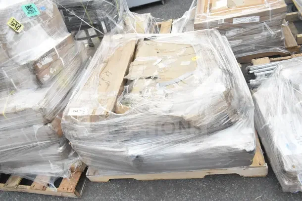 Five brand new scratch and dent items, including a utility cart and mat, wrapped on pallet. See description for details.