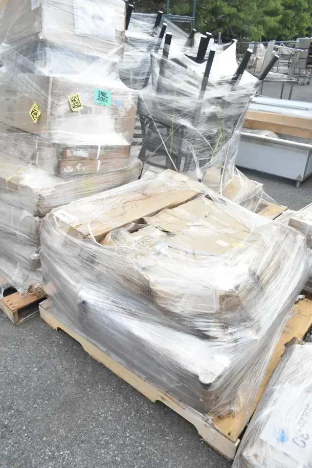 Shrink-wrapped pallet of five new scratch-and-dent items, including utility cart and mat, visible labels for auction lot JUL26-125.