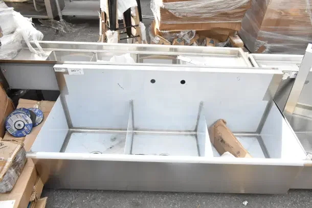 Brand new Regency 600S32021SB 60" utility sink, three compartments, 20"x21"x14" bowls, minor scratches, sturdy stainless steel.