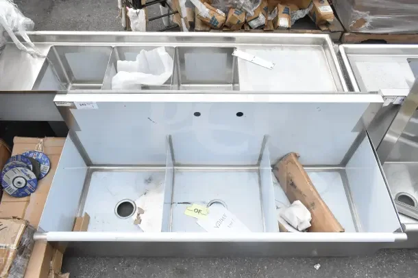 Regency 600S32021SB 60" commercial sink, three compartments, 20" x 21" x 14" bowls, brand new with scratches and dents, stainless steel.