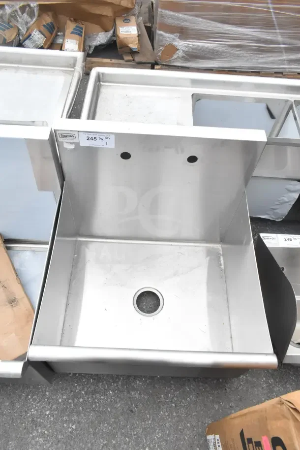 Steelton 522US12421 utility sink, 24"x21"x14", stainless steel, new scratch and dent, two faucet holes, tag showing "245".