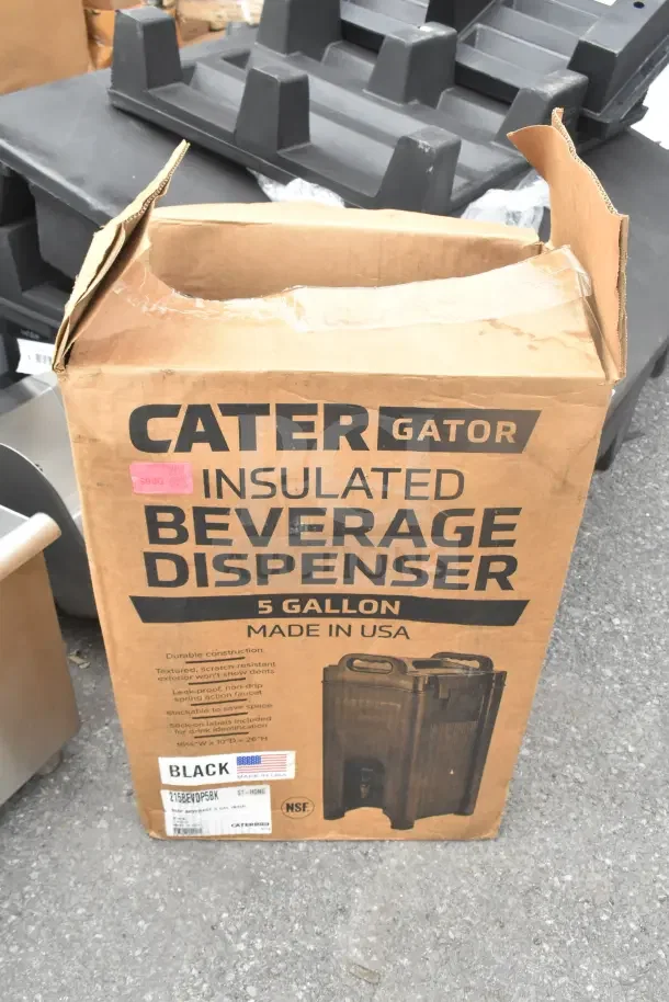 BRAND NEW CaterGator 215BEVDP5BK 5 Gallon Black Insulated Beverage Dispenser in box. Scratch-resistant, NSF certified, USA made.