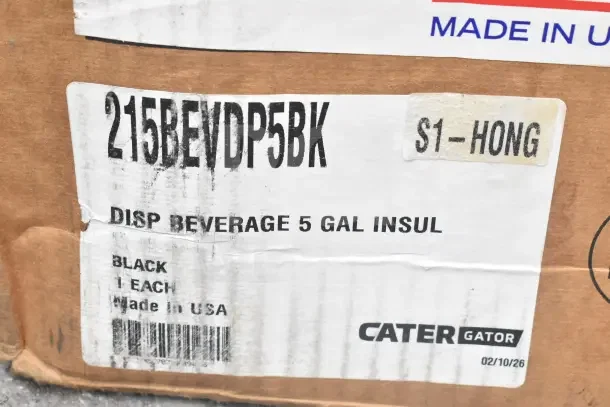 CaterGator 215BEVDP5BK 5 Gallon Black Insulated Beverage Dispenser, new with scratches and dents, label shows model and capacity.