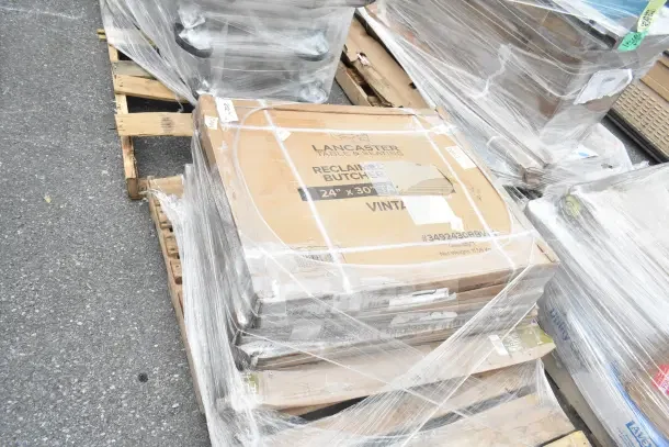 Image of wrapped boxes labeled "Lancaster Table & Seating," containing 24" x 30" reclaimed butcher tabletops, on a pallet.