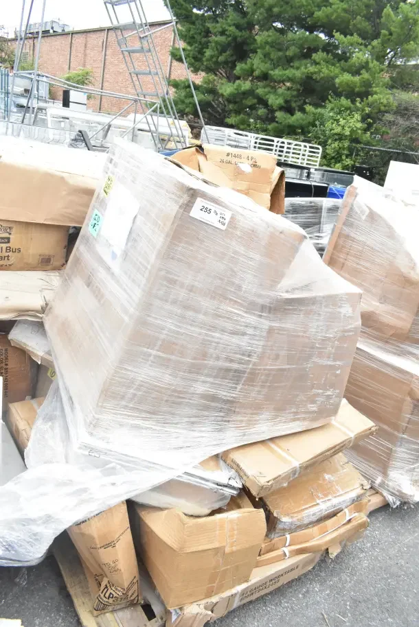 13 new scratch and dent items including air curtain, work table, fry cutter. Boxes stacked and shrink-wrapped on pallets.