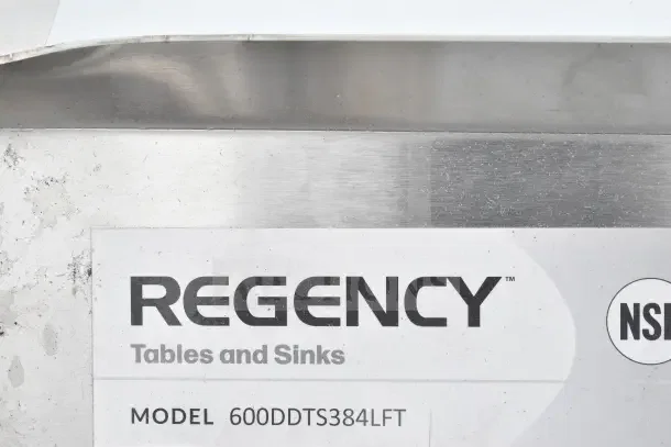 "Regency 600DDTS384LFT dish table tag, model, and label details on stainless steel surface. Brand new, scratch and dent."